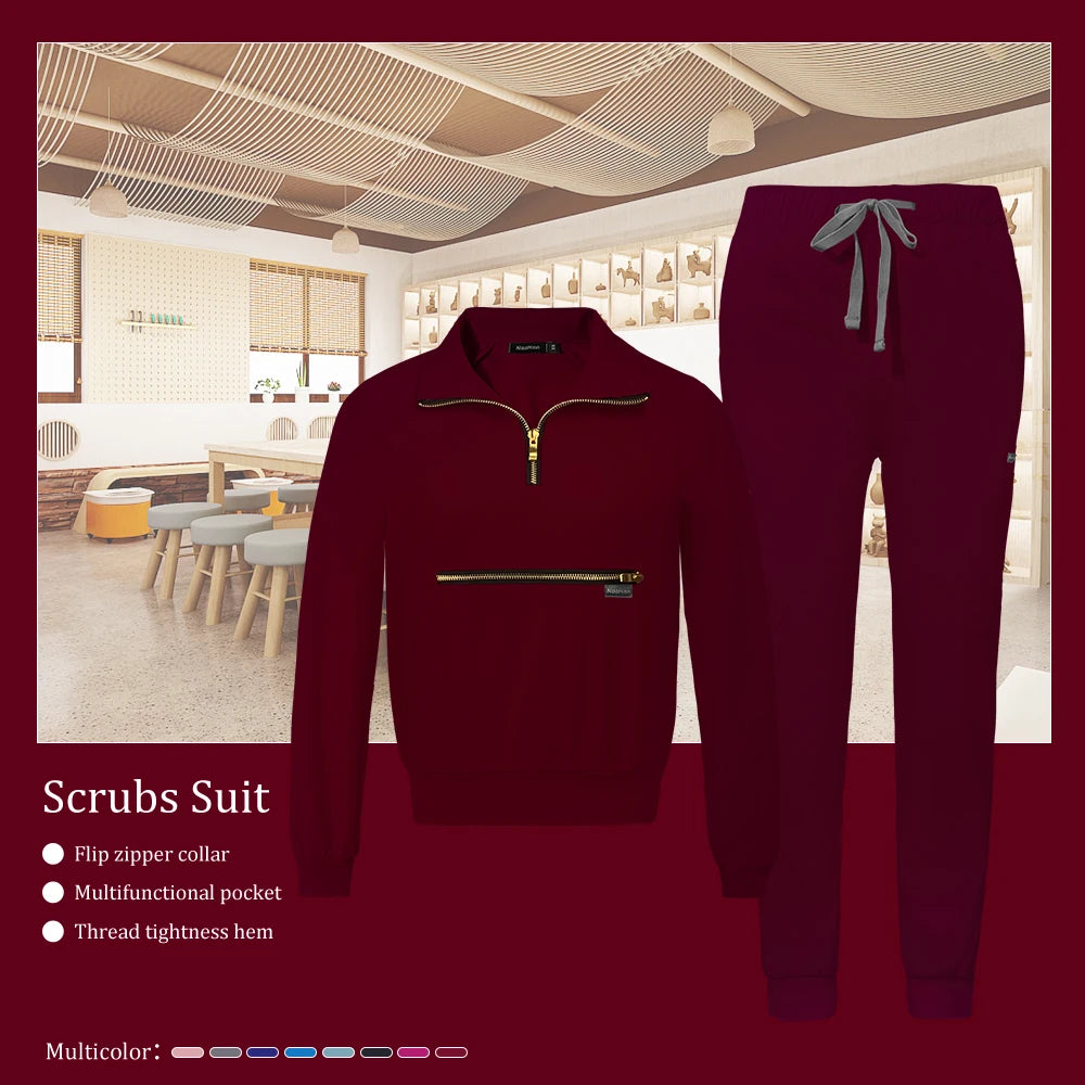 Stretchable Nurse Uniform Anti Wrinkle Long Sleeve Tops Jogger Pants Set Hospital Doctor Work Clothes Wholesale Medical Workwear