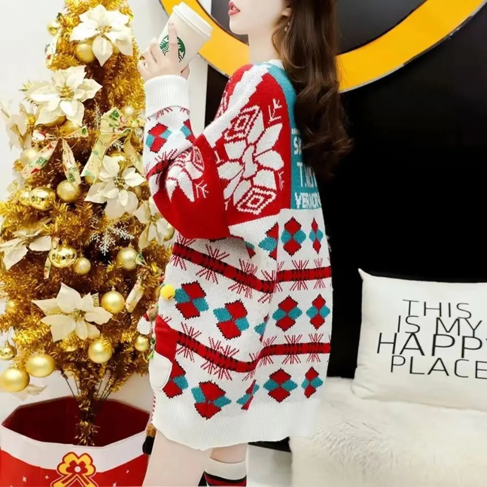 Christmas Fashionable Temperament Best Friend Matching Sweater Loose Thick Red Winter Pullover Cozy Women's Outwear