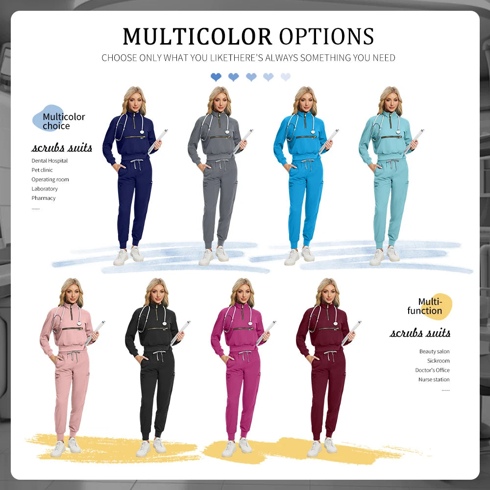 Stretchable Nurse Uniform Anti Wrinkle Long Sleeve Tops Jogger Pants Set Hospital Doctor Work Clothes Wholesale Medical Workwear