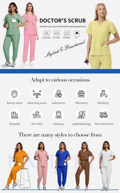 Stretchable Nurse Uniform Anti Wrinkle Long Sleeve Tops Jogger Pants Set Hospital Doctor Work Clothes Wholesale Medical Workwear