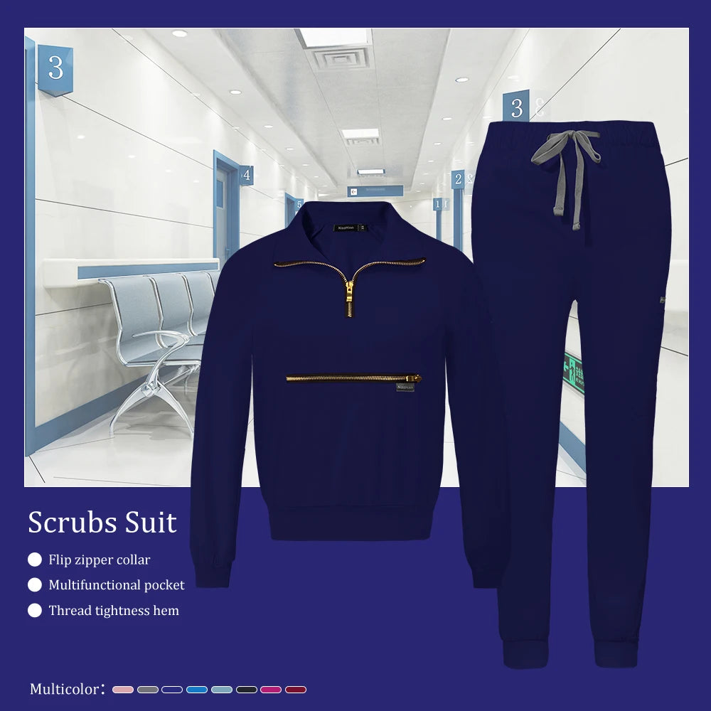 Stretchable Nurse Uniform Anti Wrinkle Long Sleeve Tops Jogger Pants Set Hospital Doctor Work Clothes Wholesale Medical Workwear