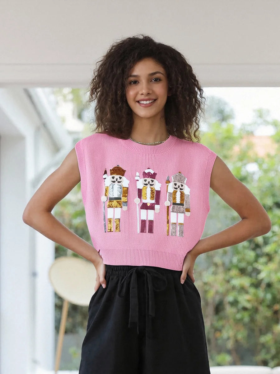 New Christmas Sequin Nutcracker Sweater Vest Short Puff Sleeve Casual Knit Pullover Tops Winter Holiday Sweaters for Women