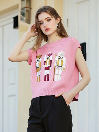 New Christmas Sequin Nutcracker Sweater Vest Short Puff Sleeve Casual Knit Pullover Tops Winter Holiday Sweaters for Women