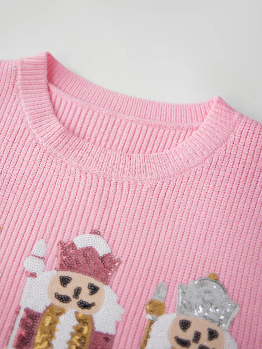 New Christmas Sequin Nutcracker Sweater Vest Short Puff Sleeve Casual Knit Pullover Tops Winter Holiday Sweaters for Women