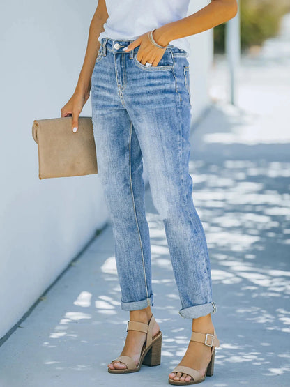 2025 New Women's Mid-Waist Elastic Straight Jeans, Functional Pockets, Street Style, Machine Washable, Casual Clothing