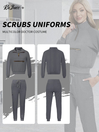 Stretchable Nurse Uniform Anti Wrinkle Long Sleeve Tops Jogger Pants Set Hospital Doctor Work Clothes Wholesale Medical Workwear