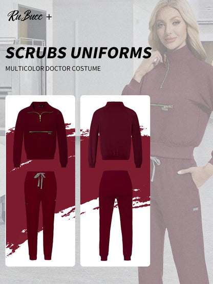 Stretchable Nurse Uniform Anti Wrinkle Long Sleeve Tops Jogger Pants Set Hospital Doctor Work Clothes Wholesale Medical Workwear
