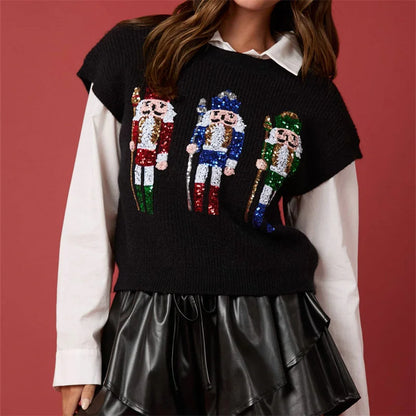 New Christmas Sequin Nutcracker Sweater Vest Short Puff Sleeve Casual Knit Pullover Tops Winter Holiday Sweaters for Women