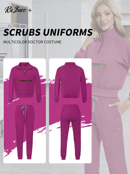 Stretchable Nurse Uniform Anti Wrinkle Long Sleeve Tops Jogger Pants Set Hospital Doctor Work Clothes Wholesale Medical Workwear