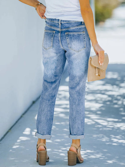 2025 New Women's Mid-Waist Elastic Straight Jeans, Functional Pockets, Street Style, Machine Washable, Casual Clothing