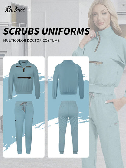 Stretchable Nurse Uniform Anti Wrinkle Long Sleeve Tops Jogger Pants Set Hospital Doctor Work Clothes Wholesale Medical Workwear