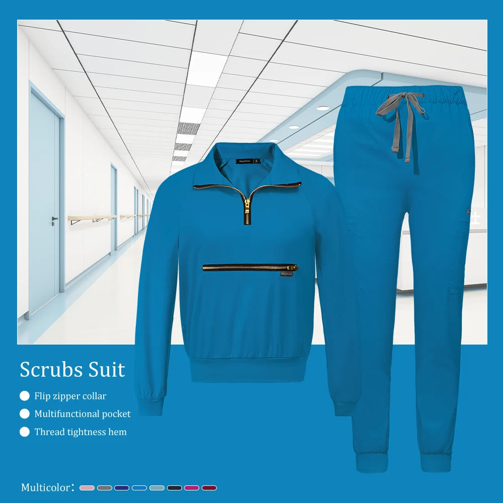 Stretchable Nurse Uniform Anti Wrinkle Long Sleeve Tops Jogger Pants Set Hospital Doctor Work Clothes Wholesale Medical Workwear