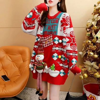 Christmas Fashionable Temperament Best Friend Matching Sweater Loose Thick Red Winter Pullover Cozy Women's Outwear