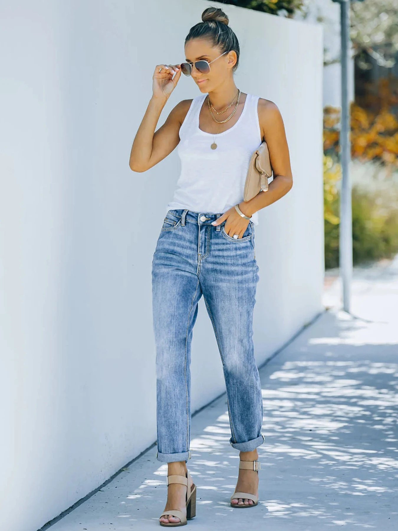 2025 New Women's Mid-Waist Elastic Straight Jeans, Functional Pockets, Street Style, Machine Washable, Casual Clothing