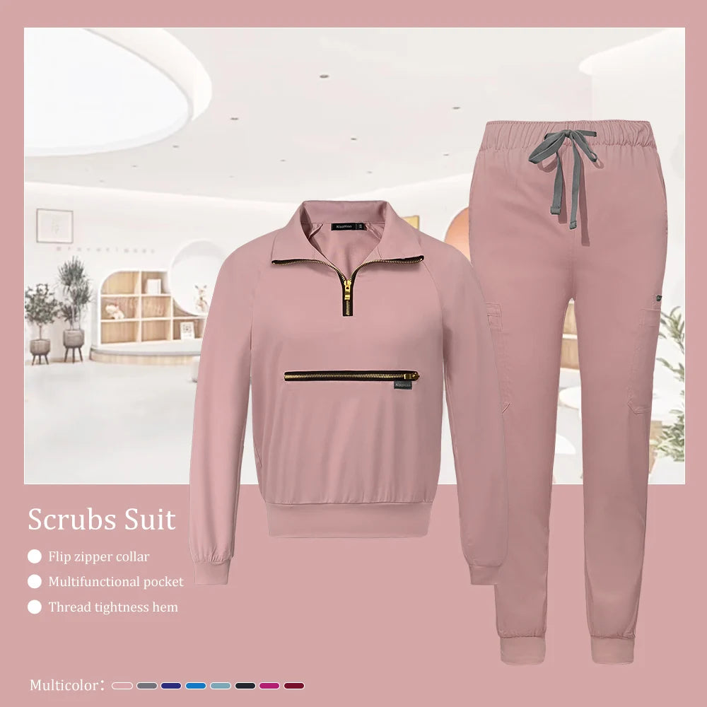 Stretchable Nurse Uniform Anti Wrinkle Long Sleeve Tops Jogger Pants Set Hospital Doctor Work Clothes Wholesale Medical Workwear