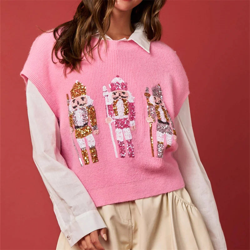 New Christmas Sequin Nutcracker Sweater Vest Short Puff Sleeve Casual Knit Pullover Tops Winter Holiday Sweaters for Women