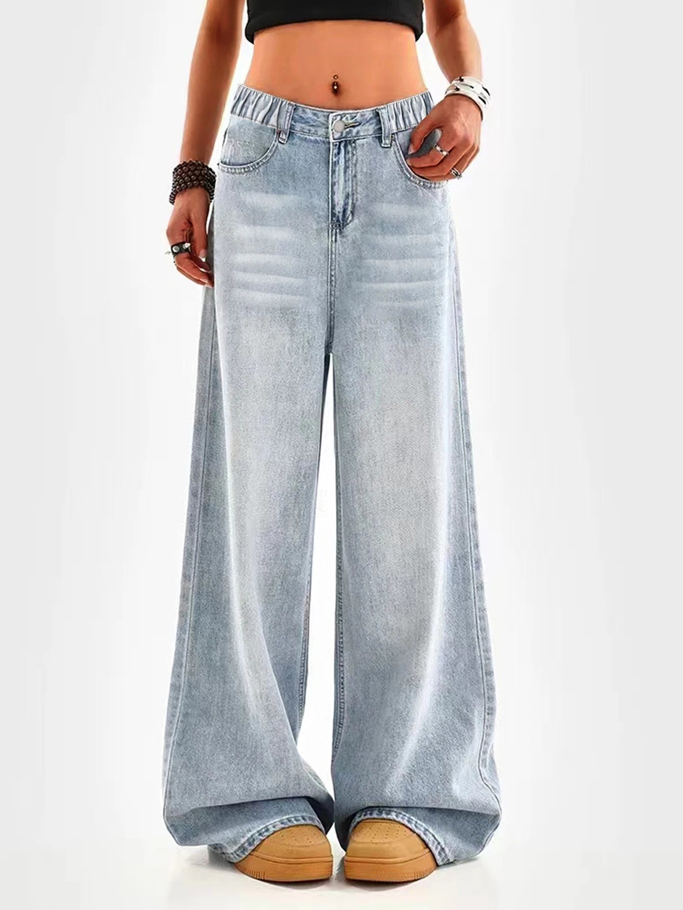 Retro washed blue loose wide-leg straight pants for middle and large children and girls, casual, simple and versatile long jeans