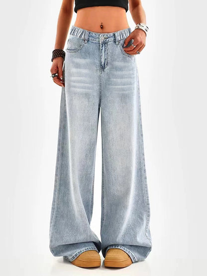 Retro washed blue loose wide-leg straight pants for middle and large children and girls, casual, simple and versatile long jeans