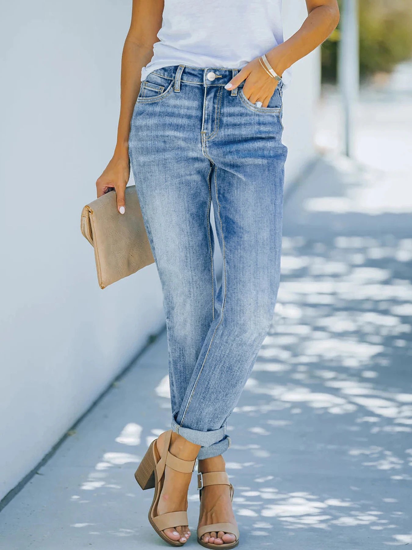 2025 New Women's Mid-Waist Elastic Straight Jeans, Functional Pockets, Street Style, Machine Washable, Casual Clothing