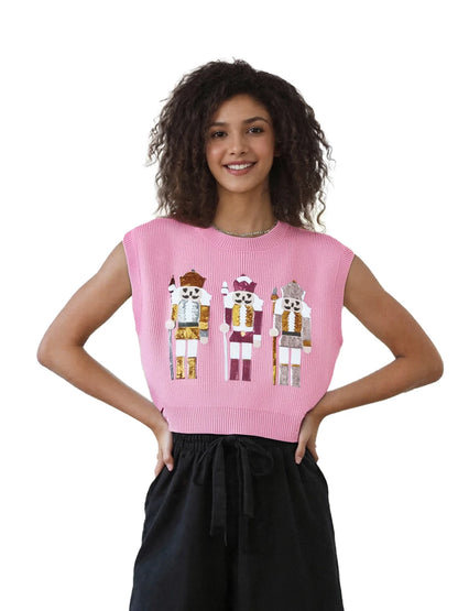 New Christmas Sequin Nutcracker Sweater Vest Short Puff Sleeve Casual Knit Pullover Tops Winter Holiday Sweaters for Women
