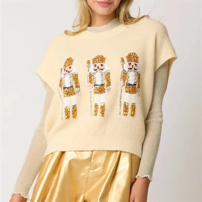 New Christmas Sequin Nutcracker Sweater Vest Short Puff Sleeve Casual Knit Pullover Tops Winter Holiday Sweaters for Women