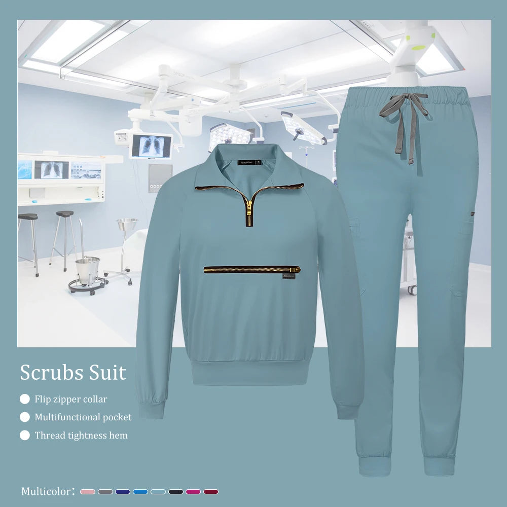 Stretchable Nurse Uniform Anti Wrinkle Long Sleeve Tops Jogger Pants Set Hospital Doctor Work Clothes Wholesale Medical Workwear